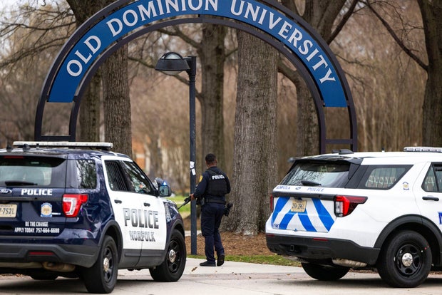 Police arrive outside Old Dominion University's campus after a shooting March 12, 2026, in Norfolk, Virginia. 