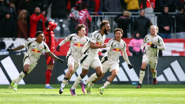 Eric Maxim Choupo-Moting #13 of the New York Red Bulls celebrates an injury time goal during a game against Toronto FC at BMO Field on March 14, 2026 in Toronto, Ontario, Canada. 