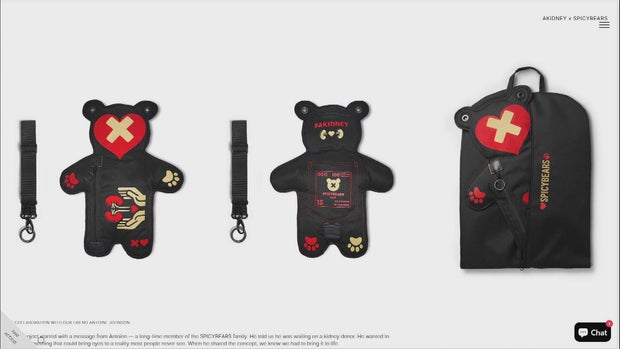 Photos from the Spicy bears website of the A Kidney collaboration bag 