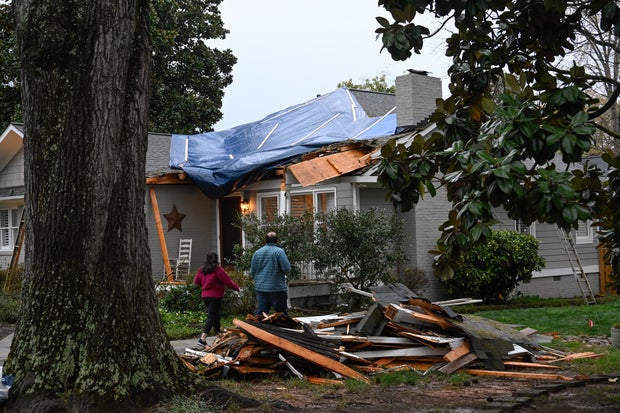 Home and trees damaged by storm in Charlotte, North Carolina 