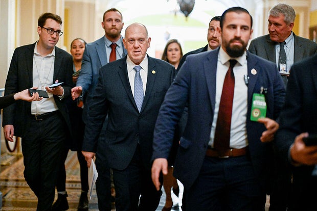 Tom Homan, White House border czar, departs following a meeting with lawmakers at the U.S. Capitol on March 19, 2026. 