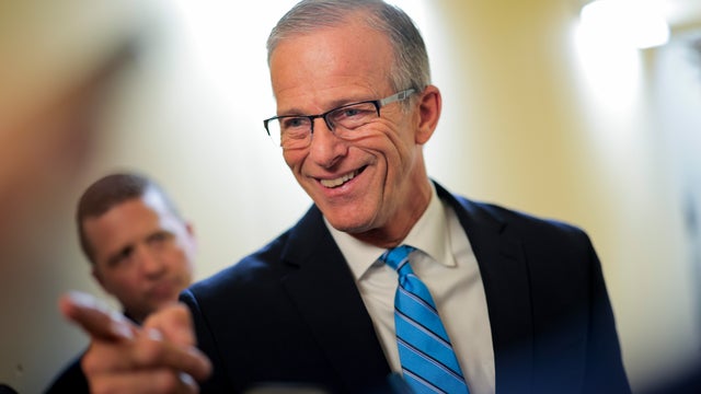 Senate Majority Leader John Thune speaks with reporters in the Capitol on March 23, 2026 in Washington, D.C. 