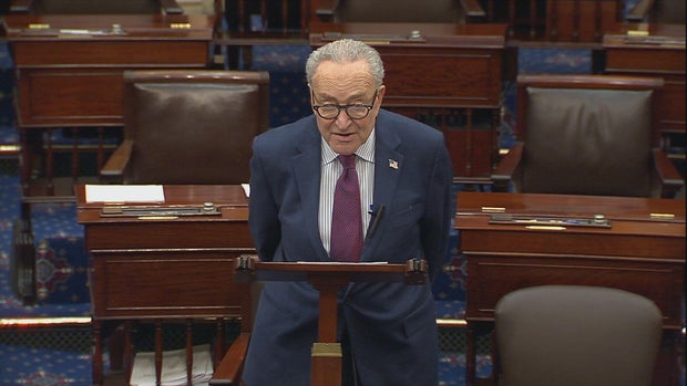 Senate Minority Leader Chuck Schumer speaks on the Senate floor on Wednesday, March 25, 2026. 