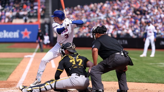 Carson Benge #3 of the New York Mets bats during the game between the Pittsburgh Pirates and the New York Mets at Citi Field on Thursday, March 26, 2026 in New York, New York. 
