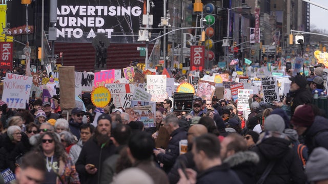 Demonstrators gather near Central Park before marching through Manhattan and passing through Times Square during the third "No Kings" protest in New York, United States, on March 28, 2026. 