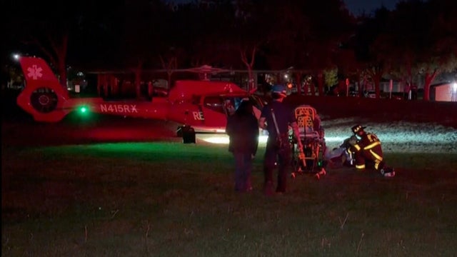 Police Car Stopped on a Road at Night with Emergency Lights 