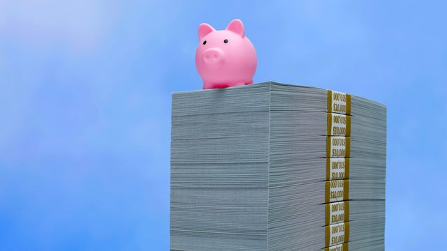 Savings concept - Piggy bank on cash 