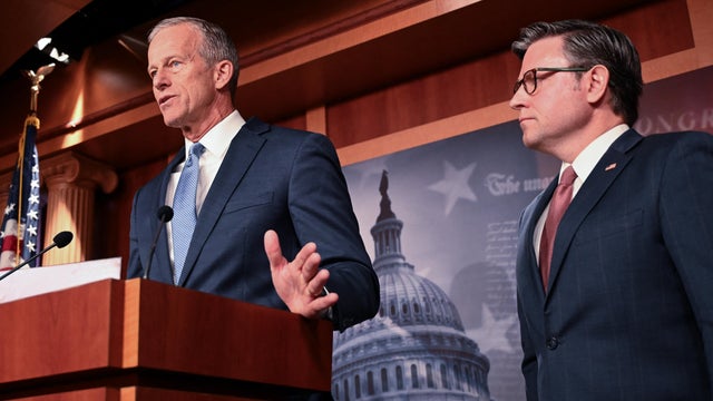 Senate Majority Leader John Thune and Speaker of the House Mike Johnson hold a news conference at the U.S. Capitol on Oct. 10, 2025. 
