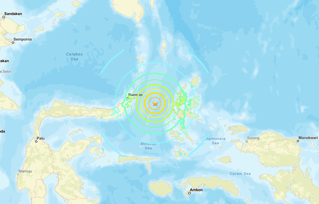Map showing earthquake epicenter between Manado and Ternate islands in Indonesia