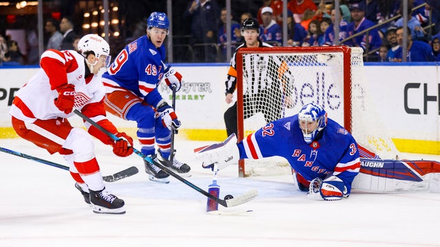 Jonathan Quick #32 of the New York Rangers blocks a shot by Marco Kasper #92 of the Detroit Red Wings during the first period of the National Hockey League game between the Detroit Red Wings and the New York Rangers on April 4, 2026 at Madison Square Garden in New York, NY. 