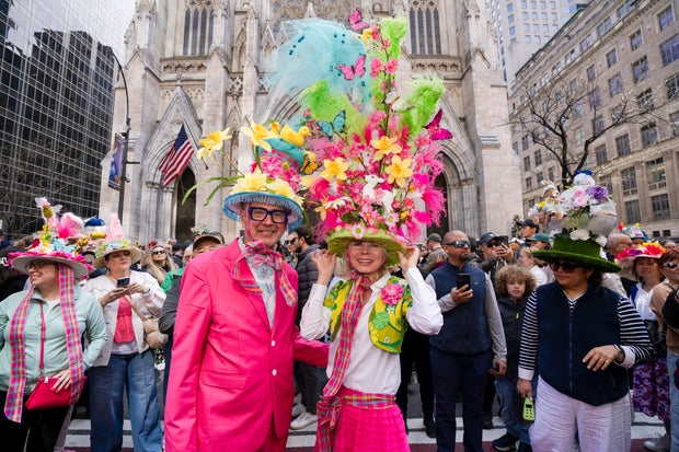 Chris Beck and Emily Brown gather outside Saint Patrick's cathedral during the Easter Bonnet Parade on April 20, 2025 in New York City.