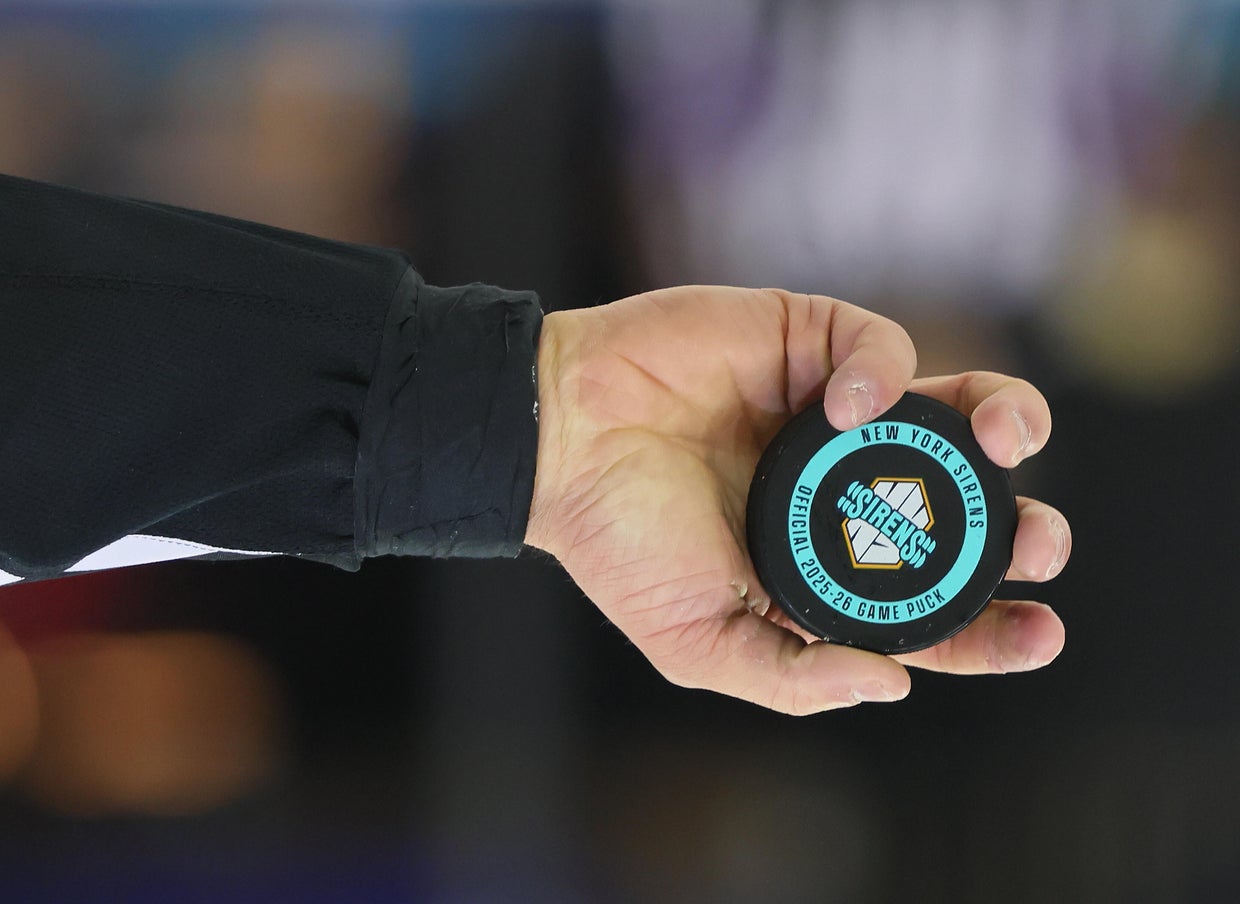 Close-up of the puck during the game between New York Sirens and Seattle Torrent at Madison Square Garden on April 4, 2026, in New York.