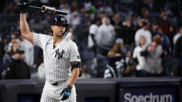Giancarlo Stanton #27 of the New York Yankees looks on during the game against the Miami Marlins at Yankee Stadium on April 4, 2026 in New York, New York. 