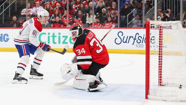 Oliver Kapanen #91 of the Montr&eacute;al Canadiens scores the game-winning goal on Jake Allen #34 of the New Jersey Devils in the shootout of their NHL game at Prudential Center on April 4, 2026 in Newark, New Jersey. 