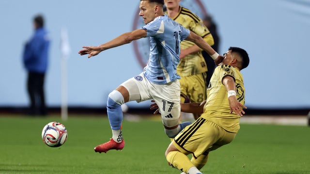 New York City FC midfielder Hannes Wolf (17) controls the ball past St. Louis CITY SC defender Jaziel Orozco (99) during an MLS soccer match, Saturday, April 4, 2026, in New York. 