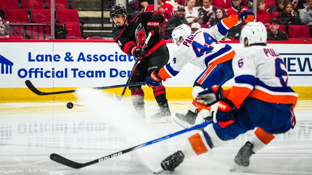 Center Seth Jarvis #24 of the Carolina Hurricanes takes a shot at goal during the third period of the game against the New York Islanders at Lenovo Center on April 4, 2026 in Raleigh, North Carolina. 