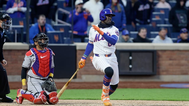 Ronny Mauricio #0 of the New York Mets follows through on his tenth inning pinch hit game winning single against the Arizona Diamondbacks at Citi Field on April 07, 2026 in New York City. 