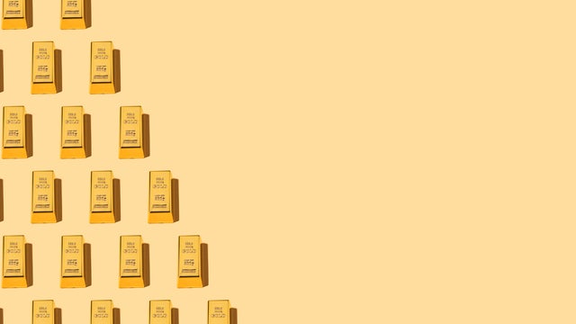 Pattern of 200-gram gold bars of 9.999 fineness, on the left side, on a yellow background. Wealth, reserve, safe haven, inflation, GDP, finance, investment, monetary, rich and economy. 