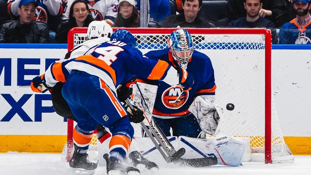 Ridly Greig #71 of the Ottawa Senators scores a goal past Ilya Sorokin #30 of the New York Islanders during the first period at UBS Arena on April 11, 2026 in Elmont, New York. 