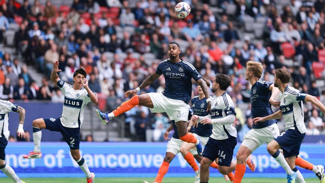 Raul Gustavo #34 of the New York City FC jumps for the ball before Mathias Laborda's goal #2 of the Vancouver Whitecaps FC during the match at BC Place on April 11, 2026 in Vancouver, British Columbia. 