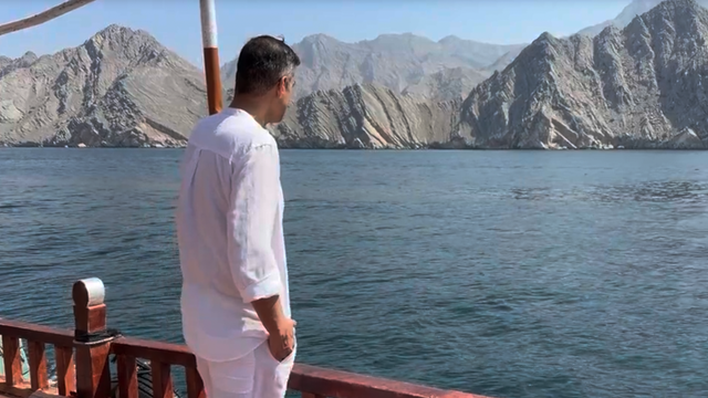 Imtiaz Tyab aboard a boat in the Strait of Hormuz. 