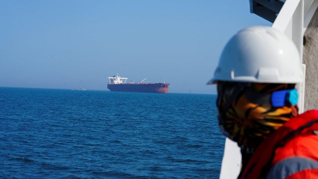 The Malta-flagged tanker Agios Fanourios I, an oil tanker that sailed through the Strait of Hormuz, arrives in Iraq's territorial waters off Basra, Iraq, April 17, 2026. 