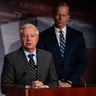 Sens. Lindsey Graham of South Carolina and John Thune of South Dakota speak during a news conference on border security in Washington, D.C., on Jan. 17, 2024. 