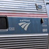 Amtrak train detail on railroad tracks in Stamford, Connecticut. 