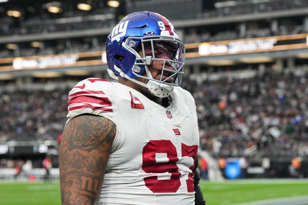 Dexter Lawrence II #97 of the New York Giants walks off the field during halftime of the game against the Las Vegas Raiders at Allegiant Stadium on December 28, 2025 in Las Vegas, Nevada. 