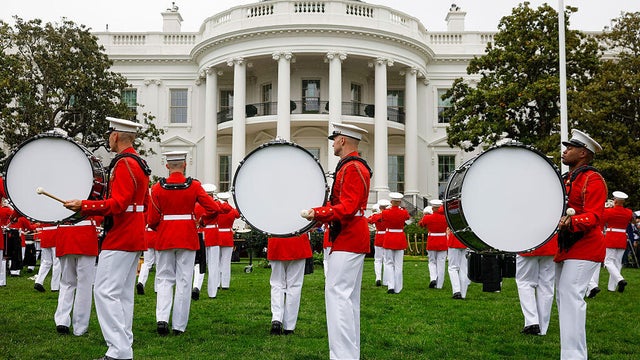 Members of the United States Marine Corps Marching Band perform before a state arrival ceremony with King Charles III and Queen Camilla on the South Lawn of the White House in Washington, D.C., on April 28, 2026. 