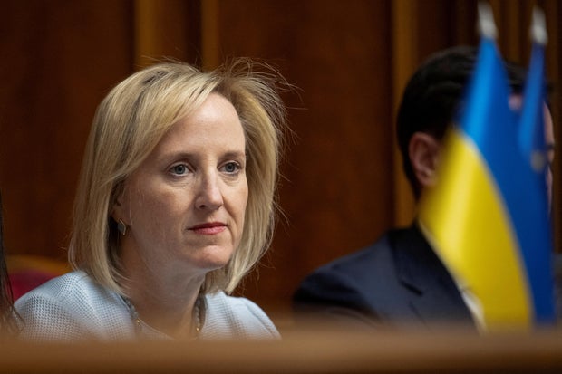 FILE PHOTO: Julie Davis, U.S. Charg&eacute; d'Affaires ad interim to Ukraine, attends a session of Ukrainian parliament during a ratification of the deal with the United States about mineral resourcesin Kyiv 