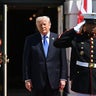 President Trump poses during a farewell ceremony with King Charles III and Queen Camilla at the White House in Washington, D.C., on April 30, 2026. 
