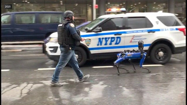 An NYPD officer walks with a Digidog in 2021. 