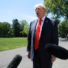 President Trump speaks to reporters as he departs the White House in Washington, D.C., on May 1, 2026. 