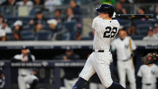 Ben Rice #22 of the New York Yankees hits a three-run home run in the second inning during the game between the Baltimore Orioles and the New York Yankees at Yankee Stadium on Friday, May 1, 2026 in New York, New York. 
