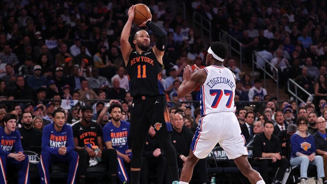 Jalen Brunson #11 of the New York Knicks shoots the ball against V. J. Edgecombe #77 of the Philadelphia 76ers during the first quarter in Game Two of the Second Round of the NBA Eastern Conference Playoffs at Madison Square Garden on May 06, 2026 in New York City. 