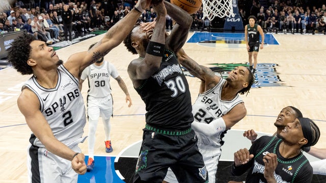 Dylan Harper, Devin Vassell, Julius Randle, Minnesota Timberwolves vs. San Antonio Spurs, NBA playoffs, second round, game 3, Target Center, Minn., May 8, 2026 
