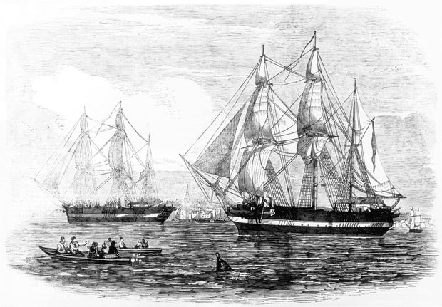 An anonymous engraving from 1845 shows the HMS Erebus and HMS Terror leaving England for the Northwest Passage. 