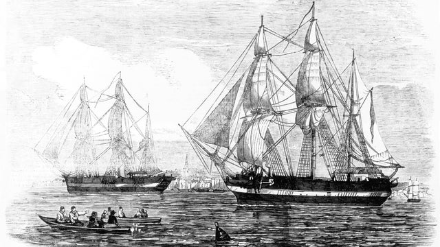 An anonymous engraving from 1845 shows the HMS Erebus and HMS Terror leaving England for the Northwest Passage. 