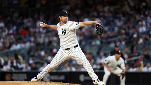 Gerrit Cole #45 of the New York Yankees pitches during the game against the Tampa Bay Rays at Yankee Stadium on May 22, 2026 in New York, New York. 