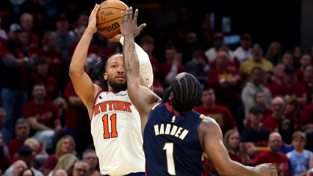 Jalen Brunson #11 of the New York Knicks shoots the ball against James Harden #1 of the Cleveland Cavaliers during the fourth quarter in Game Three of the NBA Eastern Conference Finals at Rocket Arena on May 23, 2026 in Cleveland, Ohio. 