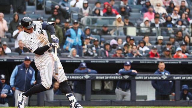 Aaron Judge #99 of the New York Yankees hits a walk off 2-run home run during the ninth inning against the Tampa Bay Rays at Yankee Stadium on May 24, 2026 in the Bronx borough of New York City. 