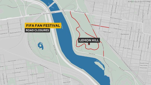 A map shows road closures around Lemon Hill in Philadelphia's Fairmount Park