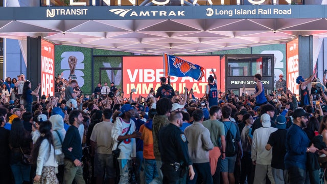 Knicks fans celebrate winning the eastern conference championship against the Cleveland Cavaliers on May 25, 2026 in New York City. 