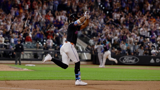 MJ Melendez #1 of the New York Mets reacts as he runs the bases after his tenth inning game winning two run home run against the Miami Marlins at Citi Field on May 29, 2026 in New York City. 