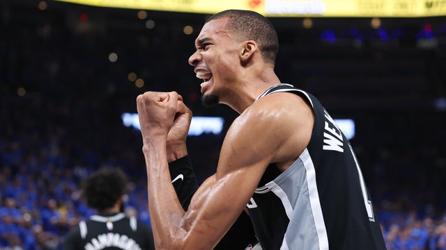 Victor Wembanyama #1 of the San Antonio Spurs celebrates after defeating the Oklahoma City Thunder to win Game Seven of the NBA Western Conference Finals at Paycom Center on May 30, 2026 in Oklahoma City, Oklahoma. 