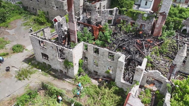 Drone image of the church in Chester, which is overgrown with plants, as volunteers work to clean it up 