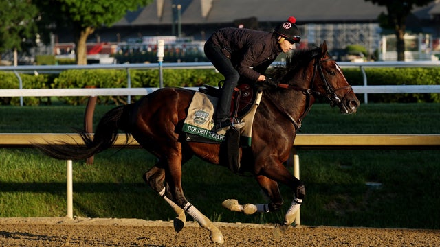 Golden Tempo trains during a morning workout prior to Belmont Stakes at Saratoga Race Course on June 4, 2026, in Saratoga Springs, New York. 