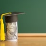 US dollars banknote wears graduation cap chalkboard background in classroom. 