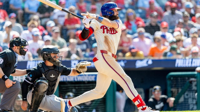 Brandon Marsh hits a single during a game in South Philadelphia 